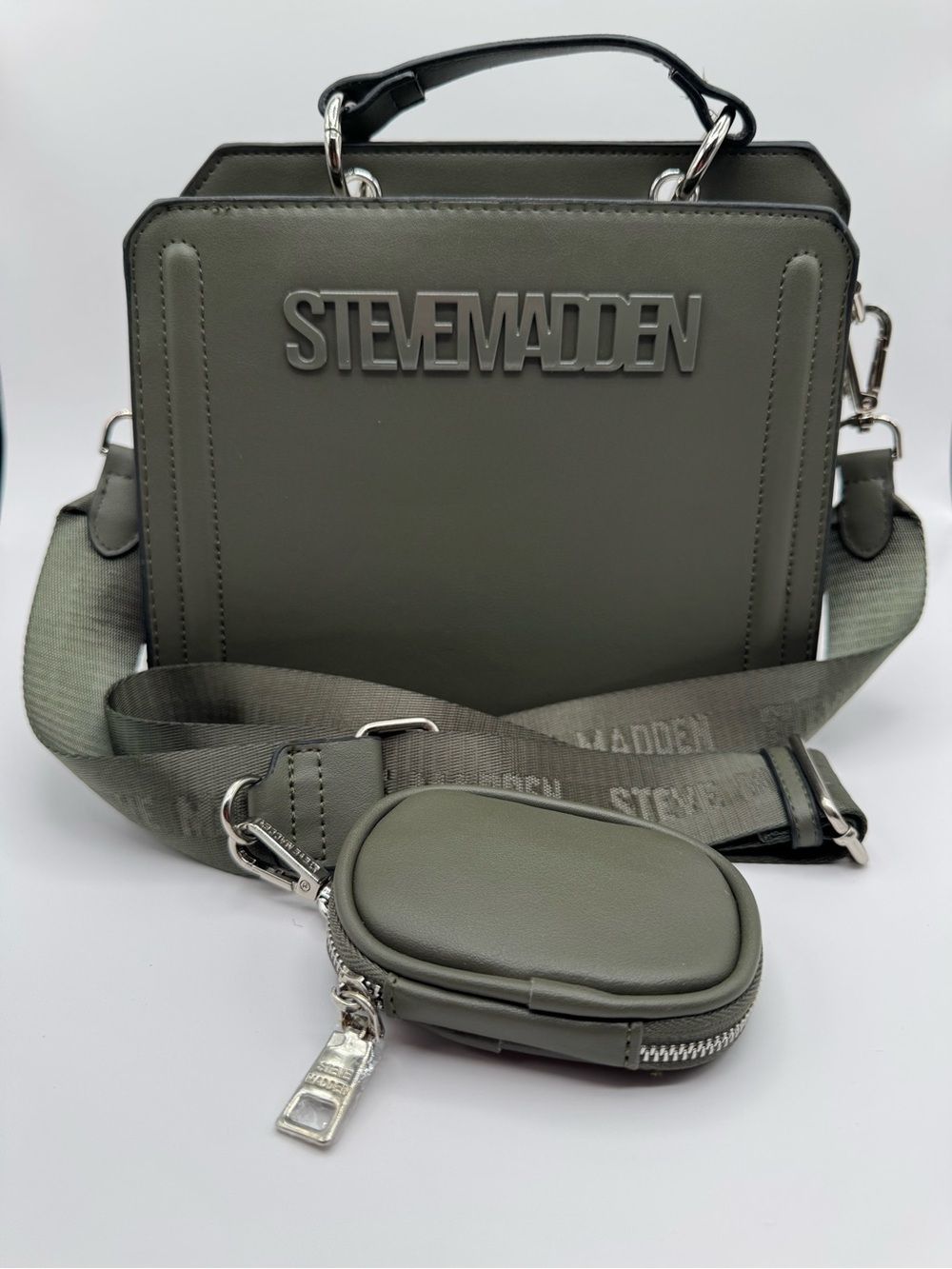 Steve Madden Olive Green Structured Crossbody Logo Strap and removable zip pouch